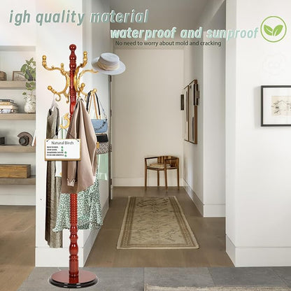 Coat Rack Freestanding,Solid Wooden Coat Rack Stand with 3 Height Options,14 Hooks, Natural Birch Coat Tree Easy to assemble for Clothes Jacket Hat bag Entryway (mahogany) (begonia)