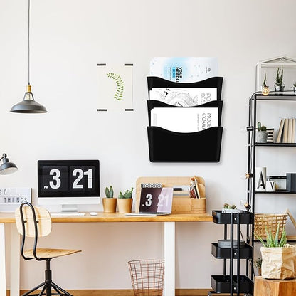 Colarr 6 Pcs Expandable Pocket Wall File Set Plastic Wall Mountable Space Saving Files Office Wall Organizer Wall Mount File Holder Wall Hanging File Organizer for Mail Magazine Letter (Black)