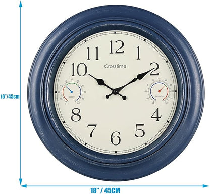 18 Inch Large Outdoor Wall Clock with Thermometer & Hygrometer – Vintage Farmhouse Weather Station for Patio, Pool, Garden – Waterproof Rust-Proof Blue Clock