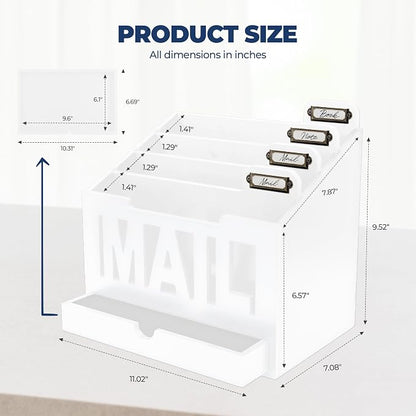 Mail Organizer Countertop – White Holder for Desk with 4 Slots, Drawer & Label Tags, Decorative Desktop Sorter, Envelope Tray for Home Office Organization (11x7x9.5 in)