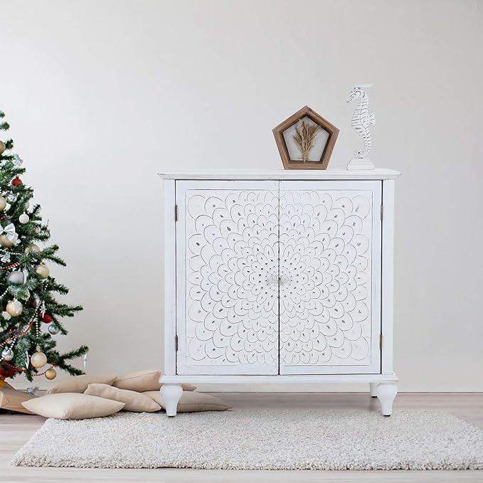 Sophia & William Accent Cabinet with Doors, Distressed Display Storage Cabinet with Wooden Frame and Carved Finch Feather Patterns for Entryway Living Room, White