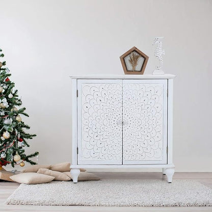 Sophia & William Accent Cabinet with Doors, Distressed Display Storage Cabinet with Wooden Frame and Carved Finch Feather Patterns for Entryway Living Room, White