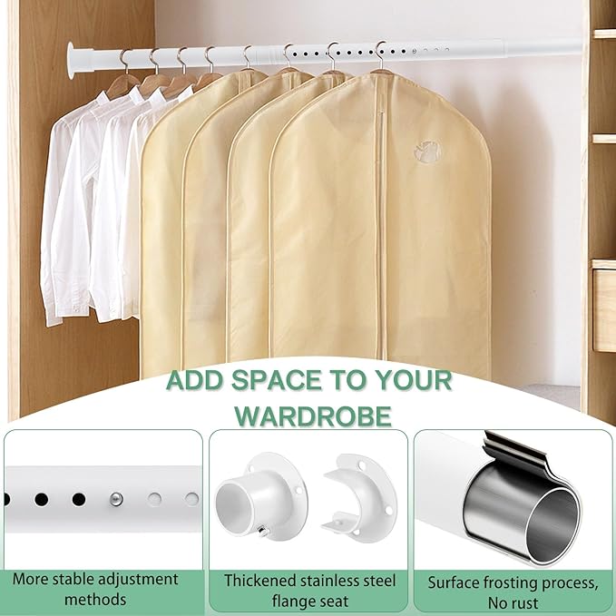 Closet Rods for Hanging Clothes, 1.3 Inch Diameter Heavy Duty Closet Rod 17-39 Inch Adjustable Clothes Hanging Bar Matte White Shower Curtain Rods for Closet, Wardrobes, Bathroom, Windows