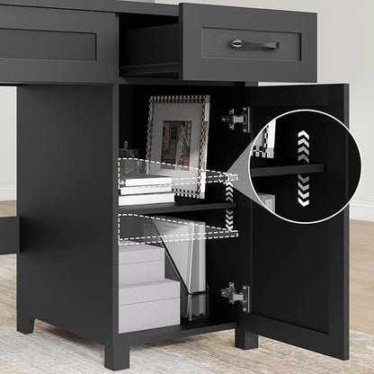 Vabches Farmhouse 47" Executive Desk, Computer Desk with Drawers and Storage Cabinet, Workstation for Home Office and Study.(Pure Black)