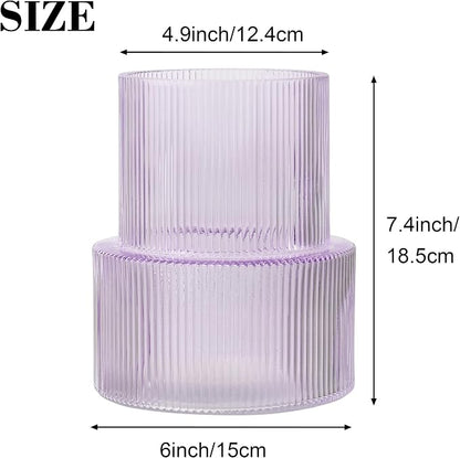 Ribbed Glass Vase, Flower Vase, Fluted Purple Vases for Flowers, Modern Vases for Living Room, Dining Table, Entryway, Shelf, Wedding, Office, Coffee Table, Birthday, 7.5 Inches
