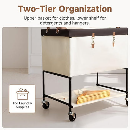 StorageWorks Laundry Cart, 2 Tier Rolling Laundry Basket, Heavy Duty Laundry Basket with Lockable Wheels, Laundry Room Organization and Storage, Clothes Hamper for Bedroom, Dorm, Closet, 46Gal, Beige