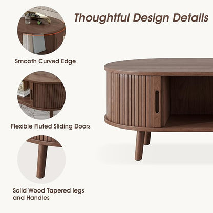 Alohappy 42.5"W Oval Coffee Table, Mid Century Modern Coffee Table with Sliding Tambour Door, Fluted Center Table with Hidden Storage, Curved Profile Dining Table for Living Room, Home Office, Walnut