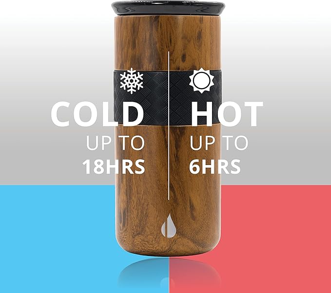 Elemental Artisan Insulated Tumbler, Triple Wall Coffee Travel Mug, Reusable Stainless Steel Coffee Tumbler with Ceramic Lid, Thermal Coffee Cups for Hot (6 Hrs) & Cold (18 Hrs), 16oz - Teakwood