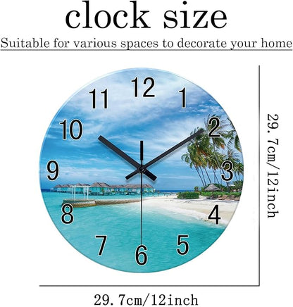 XFM Blue Beach Wall Clock 12 Inch Silent Wall Clocks Battery Operated Coastal Nautical Round Glass Clock Decorative for Bathroom Kitchen Living Room