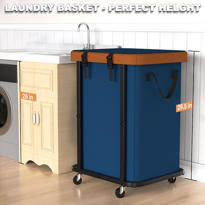 150L (40 Gal) Fashion Laundry Basket with Wheels, Leather Patchwork Rolling Hamper Carts, Sturdy Metal Frame, Removable Washable Bag, Tall Clothes Sorter for Bedroom, Laundry Room - Navy Blue