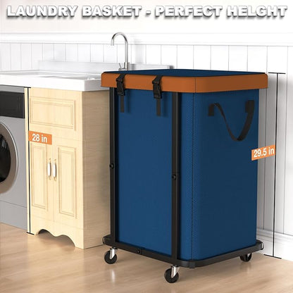 150L (40 Gal) Fashion Laundry Basket with Wheels, Leather Patchwork Rolling Hamper Carts, Sturdy Metal Frame, Removable Washable Bag, Tall Clothes Sorter for Bedroom, Laundry Room - Navy Blue
