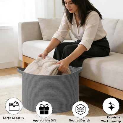 90L Extra Large Blanket Basket,Rope Woven Storage Basket with Handles, Laundry Hamper for Toys, Clothes, Pillows & Towels, Perfect for Living Room, Nursery & Bedroom,Dark Gry