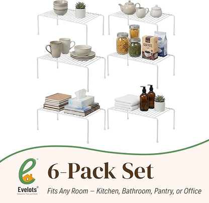 Evelots Kitchen Cabinet Wire Shelf Organizer/Rack - 6 Pack Sturdy Metal Shelf Risers - Double Your Counter Space - Great for Kitchen, Freezer, Pantry and Bathroom - Rustproof - White