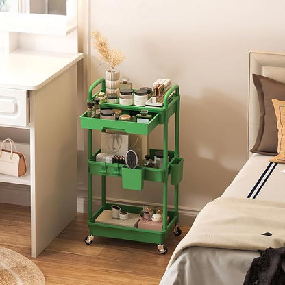 LLMRR 3 Tier Rolling Utility Cart with Drawer, Plastic Storage Organizer Rolling Carts with Wheels Handles Hanging Cups Hooks for Office, Bathroom, Kitchen,Craft Art Room (Green)