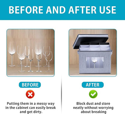 VENO 2 Pack Wine Glass Storage Box, Stemware Storage Case Hard Shell, Christmas Holiday Ornaments China Containers with Dividers & Handles for Moving Crystal Glassware Champagne Flute (for 18 Glasses)