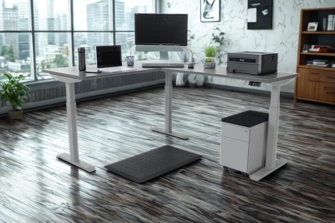 Lift It, Electric Sit Stand Height Adjustable 72"x30" I 48"x24" L-Shape Office Desk for Office or Home, 4 Memory Digital Control with USB Charging, Charcoal Pattern Top, Silver Frame