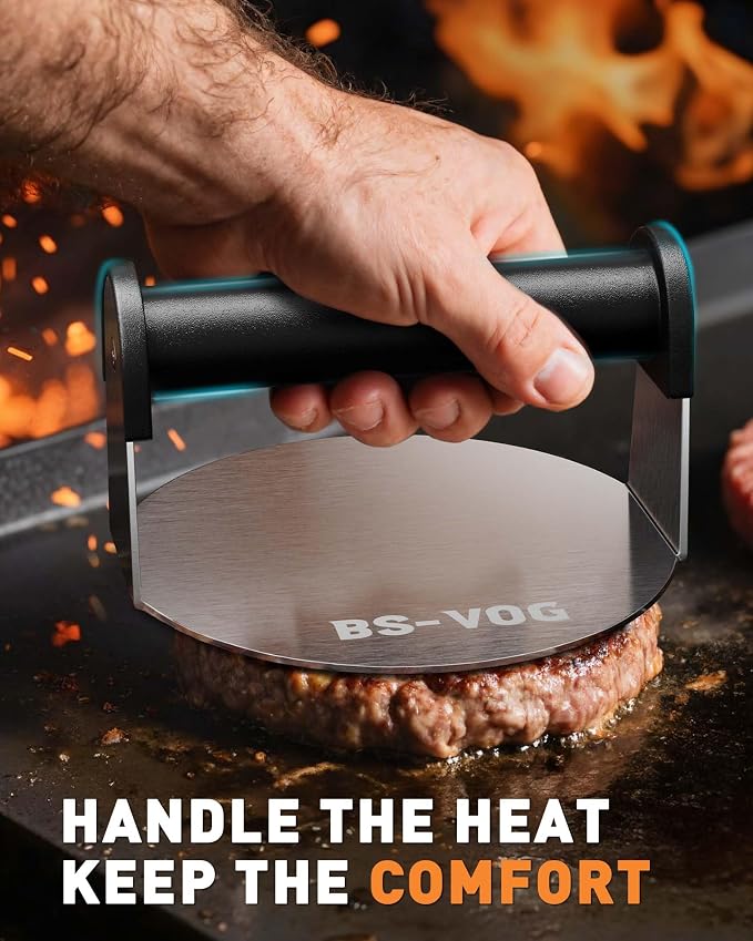 BS-VOG Burger Press, 6" Stainless Steel Burger Smasher for Griddle, Nonstick Round Hamburger Smasher Tool for Cooking Bacon, Patty, Ground Beef, Meats, Dishwasher Safe, Christmas Gift Package for Men