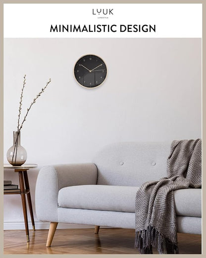 LUUK LIFESTYLE Modern Wall Clock with Silent Movement and no Ticking, Scandinavian Design, Gift idea, Decoration for Living Room, Kitchen, Hallway, in Black & Gold