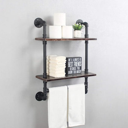 Industrial Pipe Shelf Bathroom Shelves Wall Mounted,19.6in Rustic Wood Shelf with Towel Bar,2 Tier Farmhouse Towel Rack Over Toilet,Pipe Shelving Floating Shelves Towel Holder,Retro Black