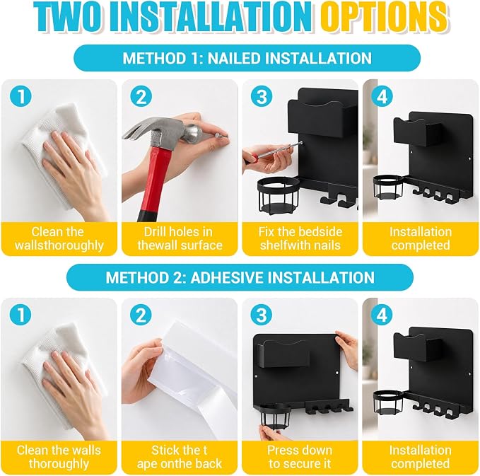 Metal Bedside Wall Shelf, No Drill Floating Bedside Shelf Wall Organizer | Bedside Wall Shelf with Detachable Cup Holder for Bedroom, Dorm, Nightstand Alternative, Bunk Bed Accessories & RV Storage