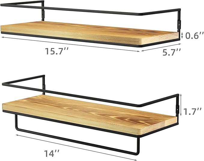 ZGO Floating Shelves for Wall Set of 2, Wall Mounted Storage Shelves with Metal Frame and Towel Rack for Bathroom, Kitchen, Bedroom(Wood)