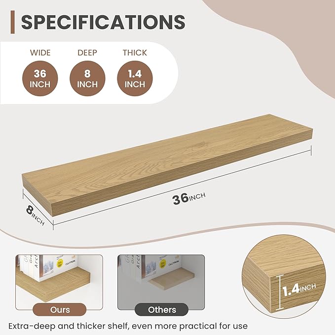 Acovy 36 Inch Floating Shelves, 8 Inch Deep Floating Shelves for Wall, Hanging Shelf with Invisible Brackets, Deep Shelves for Bathroom, Bedroom, Living Room, Oak, Set of 2