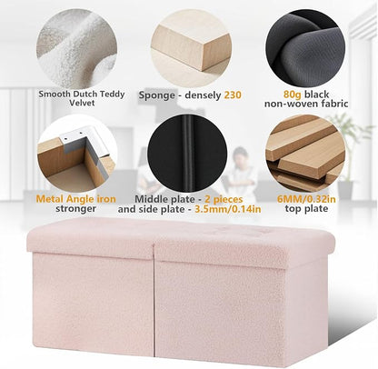 AmasSmile Footrest Ottoman Bench with Storage,34Inch Pink Teddy Velvet Footstool, Coffee Table, Padded Seat, Storage Chest,Blanket Store with Flipping Lid for Livingroom and Bedroom