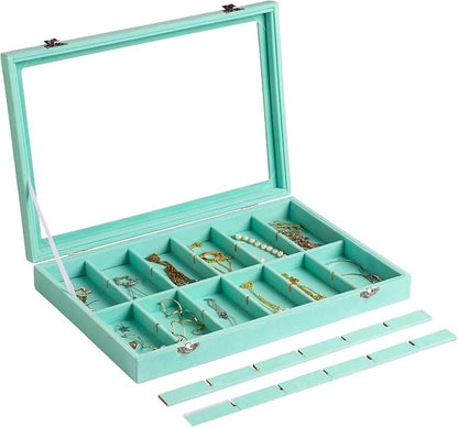 Frebeauty Velvet Jewelry Tray,24 Grid Jewelry Organizer with Clear Lid,Earring Holder Organizer with Clasp,Drawer Insert Rings Pendants Brooches,13.8 x 9.5 x 2 Inches,Gift for Women Girls(Turquoise)