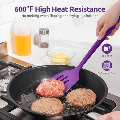 600ºF Heat Resistant Slotted Turner: U-Taste 13.6in Silicone Kitchen Spatula Flipper, 3.74in Wide Food Grade Flexible Thin Rubber Cooking Utensil for Egg, Pancake, Cookie in Nonstick Cookware (Purple)