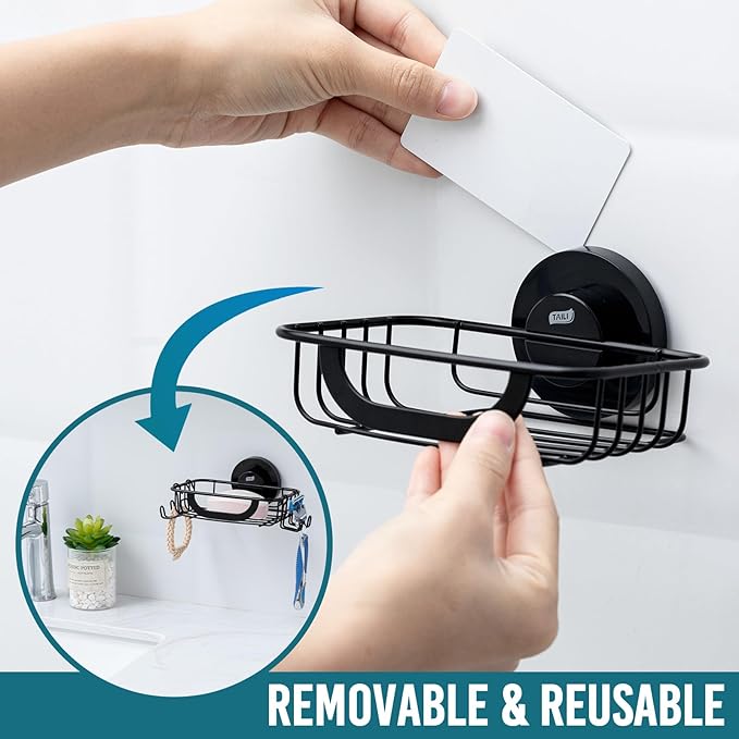 TAILI Soap Bar Holder Dish with Hooks, Shower Soap Tray Saver Suction Cup with Razor Holder for Wall, Rustproof Stainless Steel Bath Shampoo Caddy for Bathroom Accessories Organizer,Sink,Black