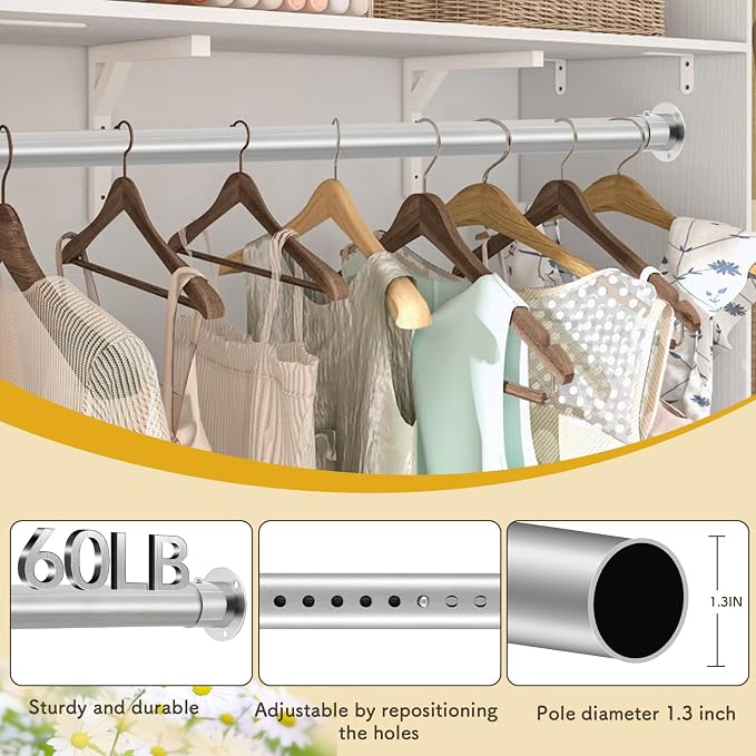 Closet Rod, 17 to 75 Inch Adjustable Closet Rod for Rugged Durability, 1.3 Inch Heavy Duty Closet Rods for Hanging Clothes, Splicing Adjustment, Premium Metal Silver Closet Poles for Wardrobes