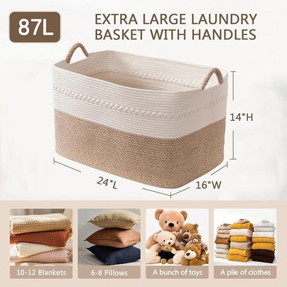 Extra large laundry basket woven from natural cotton rope with handles storage blankets for living rome big decorative quilted baskets for clothes toys pillows hamper 24"x16"x14" white/brown