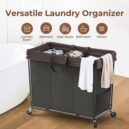 Mefirt 320L Laundry Hamper with Wheels, 3 Section Large Rolling Laundry Basket Bag with Wheels, Clothes Hamper Cart for Laundry, Bedroom, Bathroom and Dorm