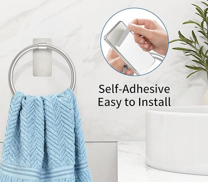 STWWO Brushed Nickel Towel Ring, Hand Towel Holder for Bathroom, Self Adhesive Hand Towel Rings for Bath, Kitchen, RV, No Drill Hole