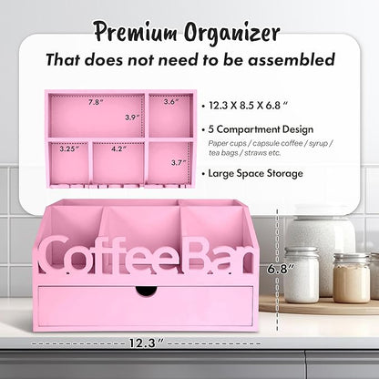 Coffee Bar Organizer for Countertop – Wooden Coffee Station, Tea and K Cup, Condiment Storage Rack, Coffee Pod Holder for Home and Office Counter Organization (Drawer - Pink)
