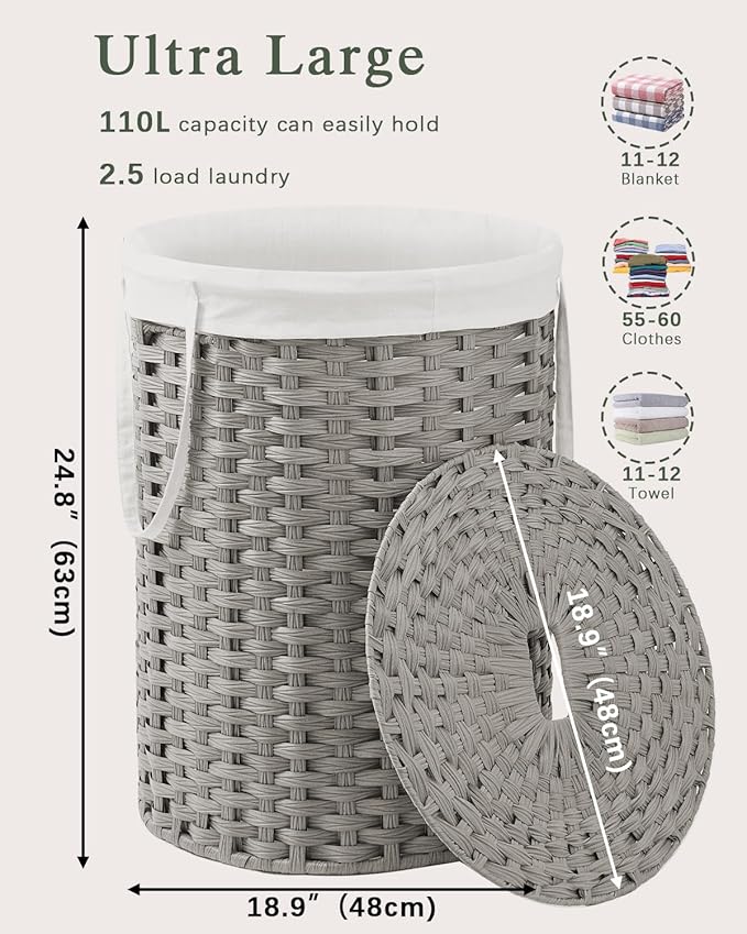 SETVSON Laundry Basket with Lid Round Rattan Laundry Hamper with Lid and Handles 29.1 Gal (110 L) Handwoven Woven Basket with Removable Bags and 2 Mesh Bags for Bathroom Living Room Gray