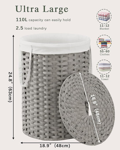 SETVSON Laundry Basket with Lid Round Rattan Laundry Hamper with Lid and Handles 29.1 Gal (110 L) Handwoven Woven Basket with Removable Bags and 2 Mesh Bags for Bathroom Living Room Gray