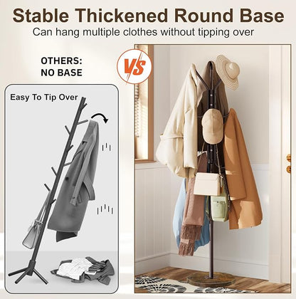 MISSLO Heavy Duty Coat Rack Freestanding with Stable Wood Base Modern Brown Coat Tree with 12 Hooks Adjustable Coats Hanger Stand Stylish Standing Clothes Tree for Entryway Bedroom Corner Hall
