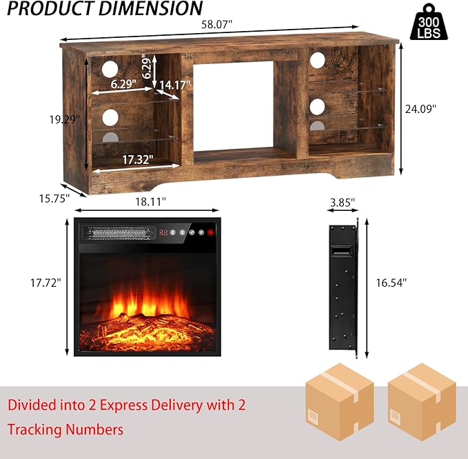 PRETZI Fireplace TV Stand with 18" Fireplace Up to 65" TVs, 58" Entertainment Center with LED Lights, TV Media Console with Adjustable Glass Shelves and Storage Cabinets for Living Room, Brown