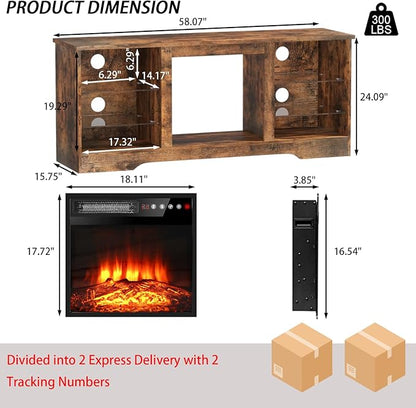 PRETZI Fireplace TV Stand with 18" Fireplace Up to 65" TVs, 58" Entertainment Center with LED Lights, TV Media Console with Adjustable Glass Shelves and Storage Cabinets for Living Room, Brown