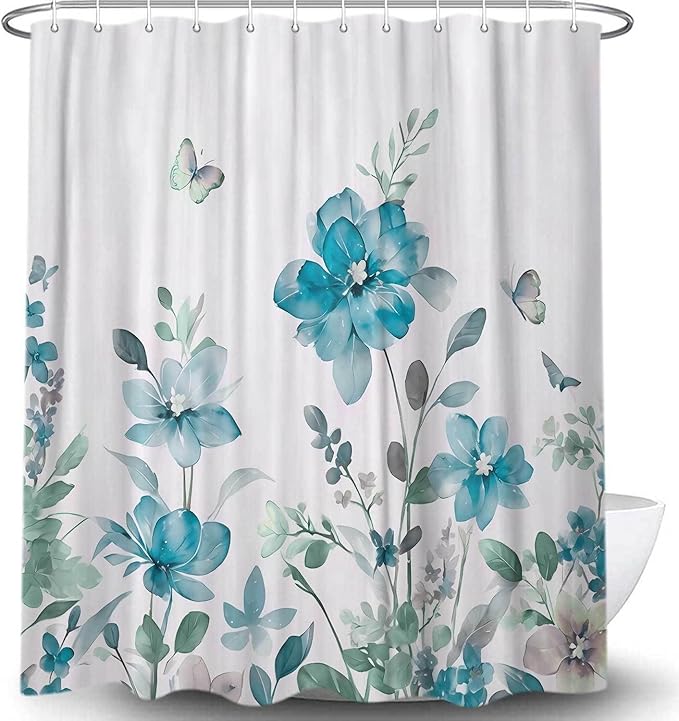 Turquoise Blue Floral Shower Curtain, Turquoise Blue Lavender Floral Butterfly Boho Shower Curtains for Bathroom, Farmhous Flower Cute Fabric Shower Curtain Set with 12PCS Hooks, 70X85IN