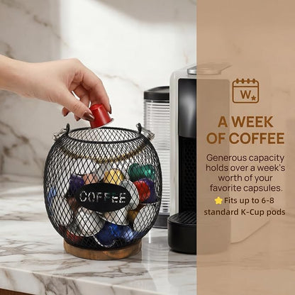 Coffee Pod Holder, K Cup Organizer Basket with Handle Wooden Base, Sturdy Metal Wire Capsule Pod Storage Container for Kitchen Countertop, Office, Coffee Bar