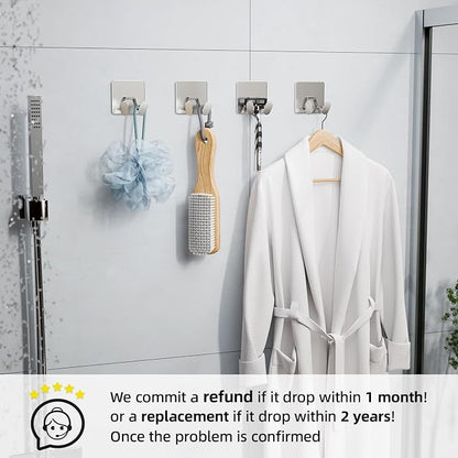 Adhesive Shower Hooks for Inside - Extra Sticky Stainless, Razor Holder Shower Accessories, Wall Mounted Self-Adhesive Double Hooks for Razor, Loofah, Towel, Shaver, Coat, Key, Silver, 4-Pack