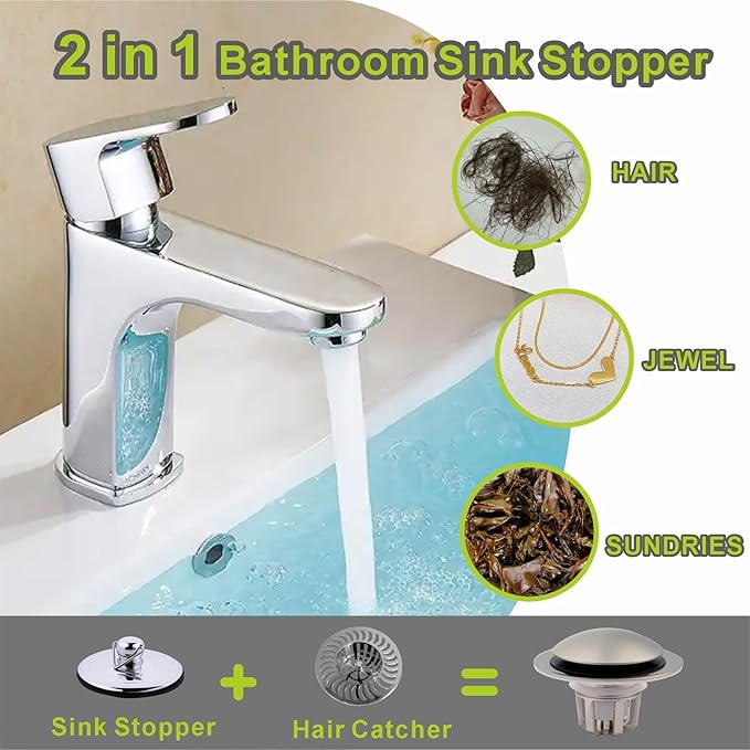2 Pack Pop Up Sink Drain Stopper,Brushed Nickel Bathroom Sink Stopper with Hair Catcher and Anti-Clog Strainer,Glimflorus Universal 2-in-1 Drain Stopper for 1 1/8"-1 1/2" Drain Holes