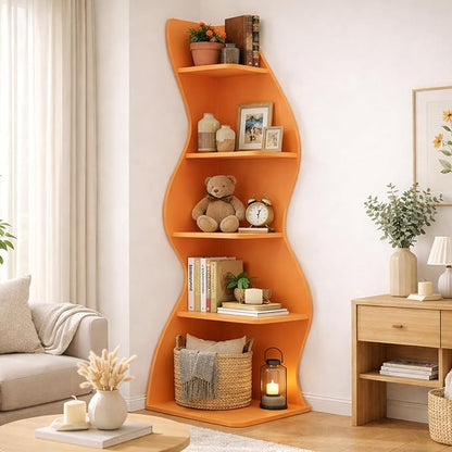 Arvolia 70 Inch Corner Bookshelf, Modern 5-Tier Small Bookshelf with Unique Curved Design, Freestanding Vertical Storage Shelf for Living Room, Bedroom or Home Office(Orange)