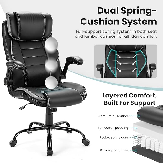 Big and Tall Executive Office Chair 400lbs for Heavy People, Ergonomic Computer Desk Chair with Lumbar Support & Adjustable Headrest, Comfy High Back Leather Office Chairs for Back Pain Relief, Grey