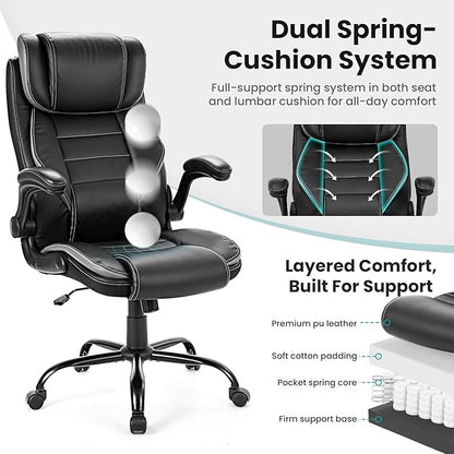 Big and Tall Executive Office Chair 400lbs for Heavy People, Ergonomic Computer Desk Chair with Lumbar Support & Adjustable Headrest, Comfy High Back Leather Office Chairs for Long Sitting, Grey