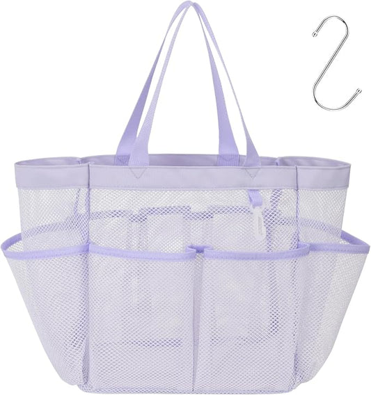 F-color Mesh Shower Caddy Portable, Upgrade Deeper 7 Pockets Shower Bag Basket Tote for College Dorm Room Toiletry Bathroom Essentials Gym Camp Quick Dry 2 handles with S Hook, Purple