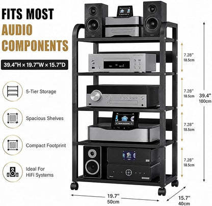 5-Tier Av Media Stand with Wheels, Audio Tower Rack with Adjustable Shelves, Stereo Racks and Stands with Storage Shelves, Media Console for Home, Office, Theater, Black