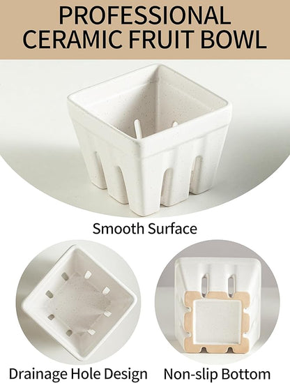 Gomakren Ceramic Fruit Basket Set of 2, Square Fruit Bowls with Holes, Rustic Berry Basket Containers for Kitchen Fridge, Berries, Strawberry, Grape, Cherry - Cream White